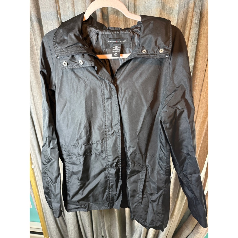 New York & Company‎ Womens Black Windbreaker Jacket Packable Hood Utility Medium